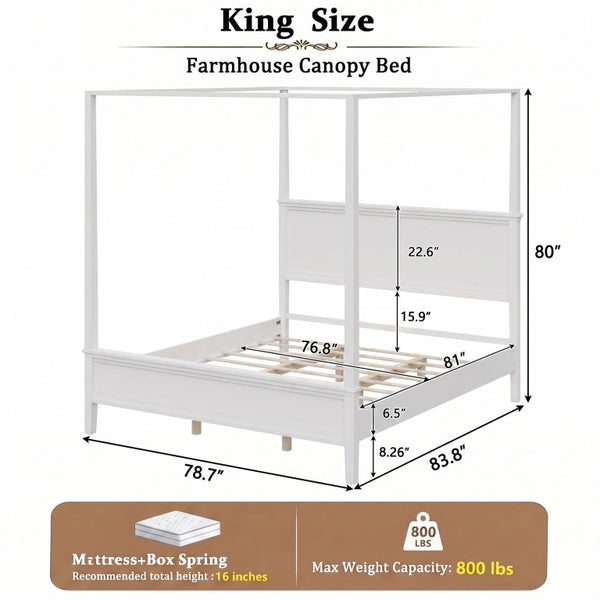 English Elm Mid-Century Canopy King Bed Solid Pine Four-Poster Frame with Tapered Legs in White N701P544604K