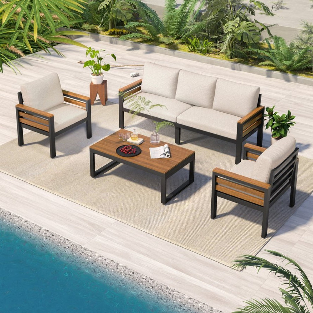 English Elm <old Go 4 Piece Outdoor Patio Conversation Set with Acacia Wood Accents and Iron Frame Beige N704F201246A