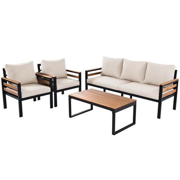 English Elm <old Go 4 Piece Outdoor Patio Conversation Set with Acacia Wood Accents and Iron Frame Beige N704F201246A