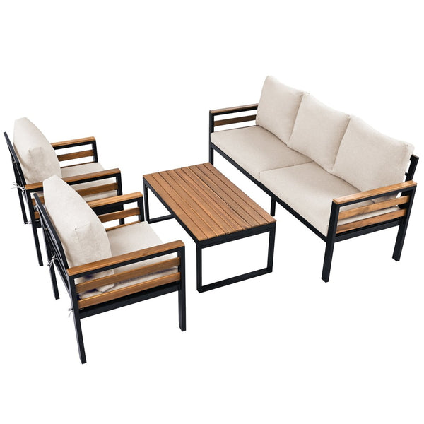 English Elm <old Go 4 Piece Outdoor Patio Conversation Set with Acacia Wood Accents and Iron Frame Beige N704F201246A