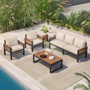 English Elm <old Go 4 Piece Outdoor Patio Conversation Set with Acacia Wood Accents and Iron Frame Beige N704F201246A