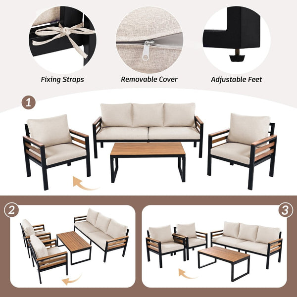 English Elm <old Go 4 Piece Outdoor Patio Conversation Set with Acacia Wood Accents and Iron Frame Beige N704F201246A