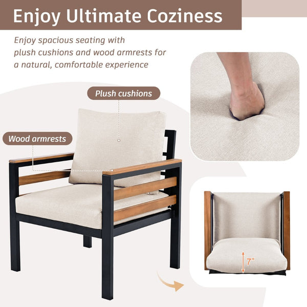 English Elm <old Go 4 Piece Outdoor Patio Conversation Set with Acacia Wood Accents and Iron Frame Beige N704F201246A
