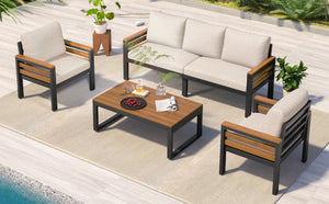 English Elm <old Go 4 Piece Outdoor Patio Conversation Set with Acacia Wood Accents and Iron Frame Beige N704F201246A