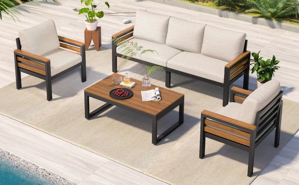 English Elm <old Go 4 Piece Outdoor Patio Conversation Set with Acacia Wood Accents and Iron Frame Beige N704F201246A