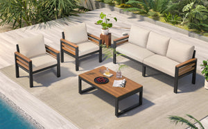 English Elm <old Go 4 Piece Outdoor Patio Conversation Set with Acacia Wood Accents and Iron Frame Beige N704F201246A