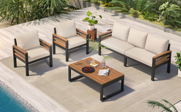 English Elm <old Go 4 Piece Outdoor Patio Conversation Set with Acacia Wood Accents and Iron Frame Beige N704F201246A