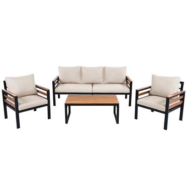 English Elm <old Go 4 Piece Outdoor Patio Conversation Set with Acacia Wood Accents and Iron Frame Beige N704F201246A