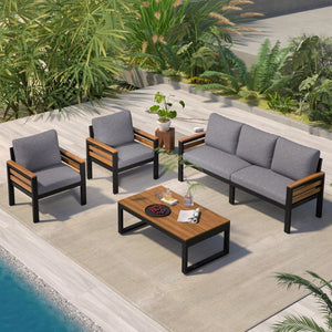 English Elm <old Go 4 Piece Outdoor Patio Conversation Set with Acacia Wood Accents and Iron Frame Grey N704F201246E