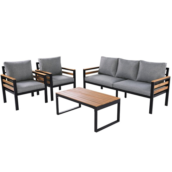 English Elm <old Go 4 Piece Outdoor Patio Conversation Set with Acacia Wood Accents and Iron Frame Grey N704F201246E