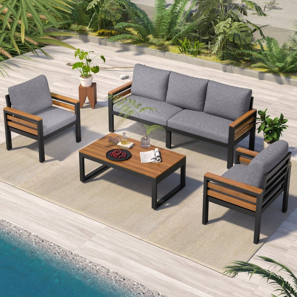 English Elm <old Go 4 Piece Outdoor Patio Conversation Set with Acacia Wood Accents and Iron Frame Grey N704F201246E