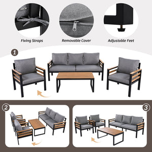 English Elm <old Go 4 Piece Outdoor Patio Conversation Set with Acacia Wood Accents and Iron Frame Grey N704F201246E