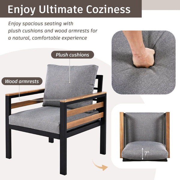 English Elm <old Go 4 Piece Outdoor Patio Conversation Set with Acacia Wood Accents and Iron Frame Grey N704F201246E