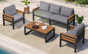 English Elm <old Go 4 Piece Outdoor Patio Conversation Set with Acacia Wood Accents and Iron Frame Grey N704F201246E