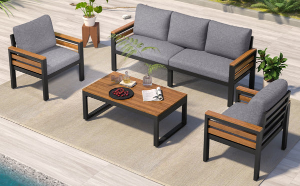 English Elm <old Go 4 Piece Outdoor Patio Conversation Set with Acacia Wood Accents and Iron Frame Grey N704F201246E