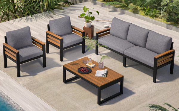 English Elm <old Go 4 Piece Outdoor Patio Conversation Set with Acacia Wood Accents and Iron Frame Grey N704F201246E