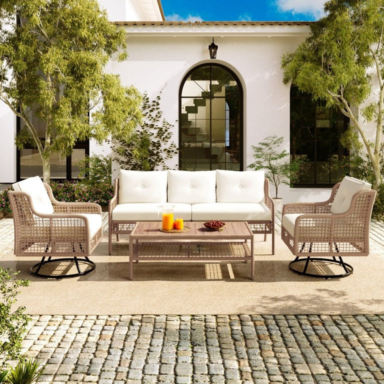 English Elm <Old Sku N704g201247a> Outdoor PE Rattan 5 Seat Conversation Set with Swivel Chairs and Storage Table N704F201247A