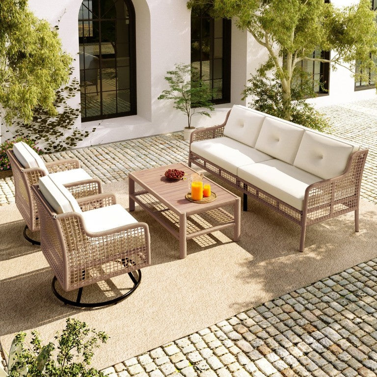 English Elm <Old Sku N704g201247a> Outdoor PE Rattan 5 Seat Conversation Set with Swivel Chairs and Storage Table N704F201247A