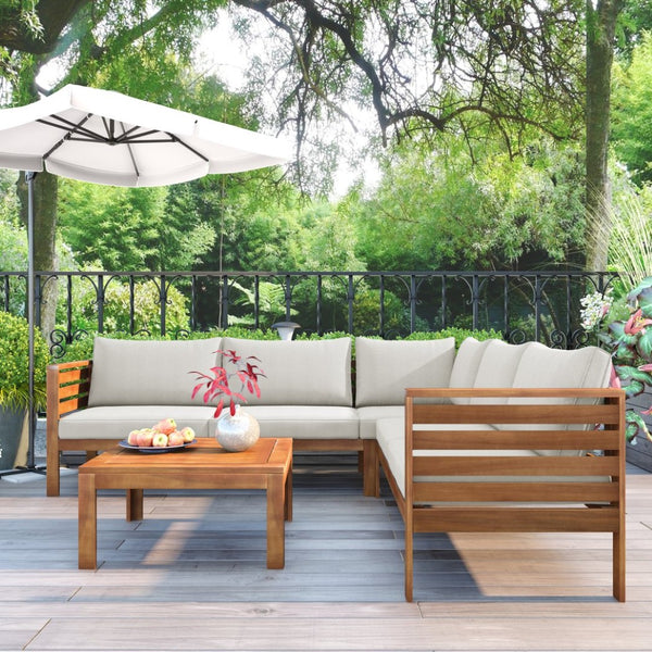 English Elm <old Acacia Wood Modular Outdoor Sectional Sofa Set with Uv Resistant Beige Cushions N704G201207A
