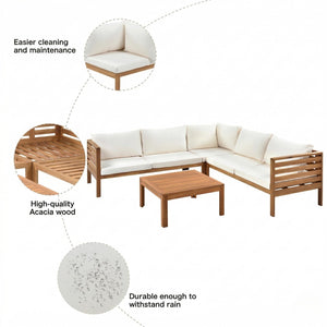 English Elm <old Acacia Wood Modular Outdoor Sectional Sofa Set with Uv Resistant Beige Cushions N704G201207A