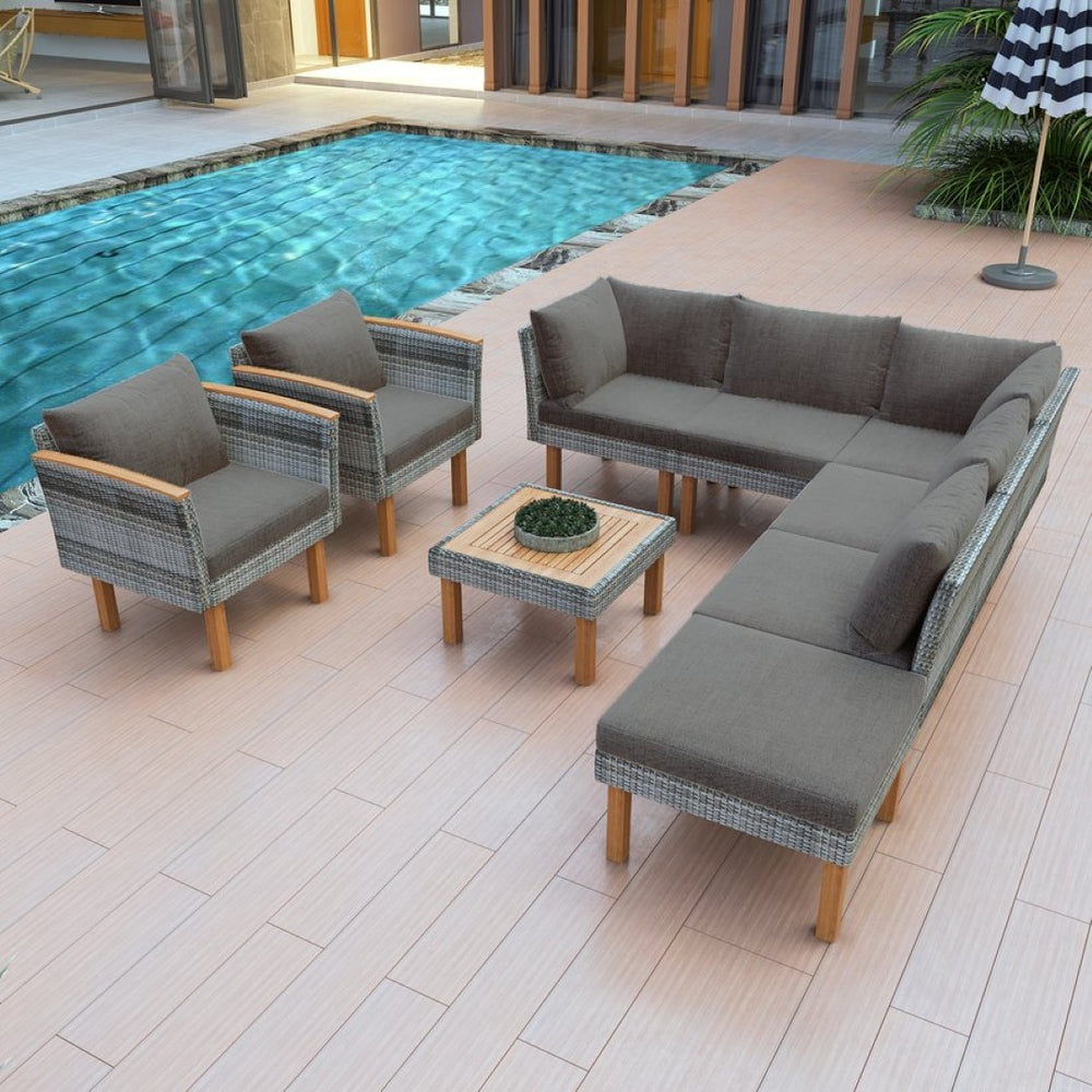 English Elm <old Sku Modular Outdoor Sectional Sofa Set Acacia Wood Pe Rattan Iron Frame Patio N704G201208E