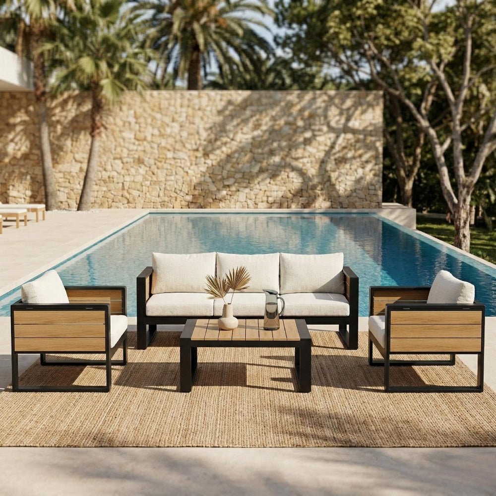 English Elm Aluminum 4 Piece Outdoor Conversation Set with Wpc Accents for Modern Patio Seating N704G201257A