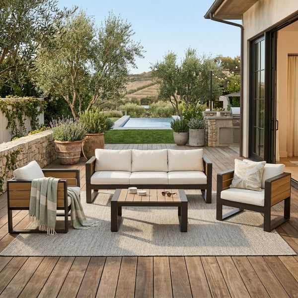 English Elm Aluminum 4 Piece Outdoor Conversation Set with Wpc Accents for Modern Patio Seating N704G201257A
