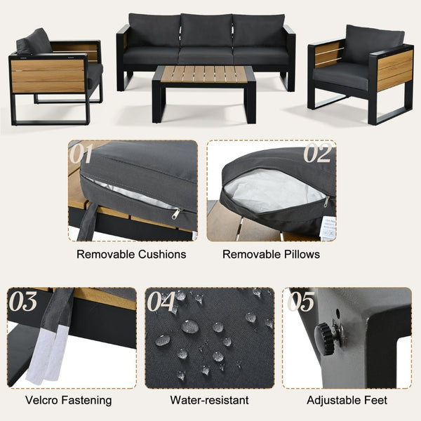 English Elm Aluminum and Wpc 4 Piece Outdoor Conversation Set Seats 5 with Grey Cushions N704G201257E