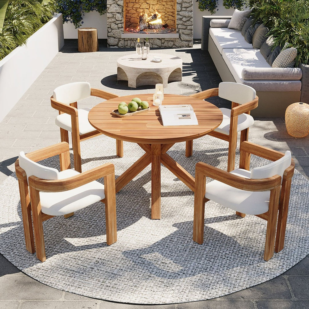 English Elm 5-piece Outdoor Solid Acacia Wood Round Patio Dining Set with Cushioned Barrel Armchairs Beige N704G201258A