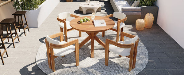 English Elm 5-piece Outdoor Solid Acacia Wood Round Patio Dining Set with Cushioned Barrel Armchairs Beige N704G201258A