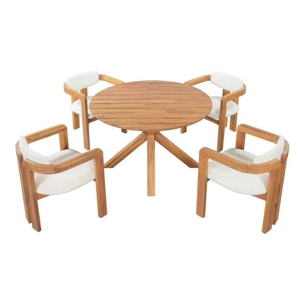 English Elm 5-piece Outdoor Solid Acacia Wood Round Patio Dining Set with Cushioned Barrel Armchairs Beige N704G201258A