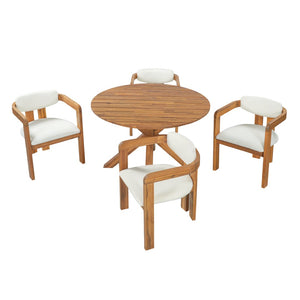 English Elm 5-piece Outdoor Solid Acacia Wood Round Patio Dining Set with Cushioned Barrel Armchairs Beige N704G201258A