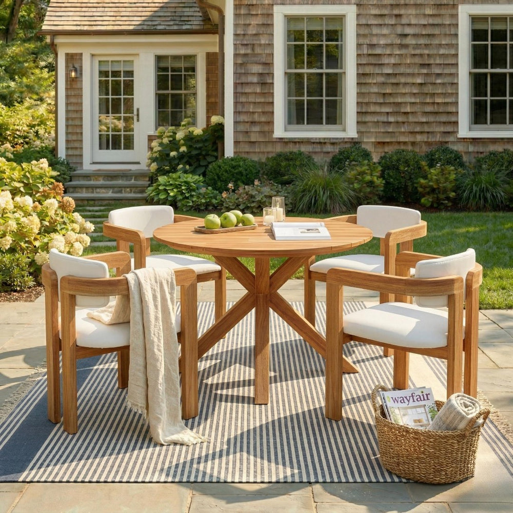 English Elm 5-piece Outdoor Solid Acacia Wood Round Patio Dining Set with Cushioned Barrel Armchairs Beige N704G201258A
