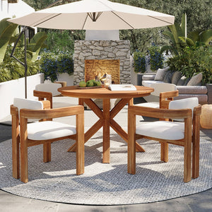 English Elm 5-piece Outdoor Solid Acacia Wood Round Patio Dining Set with Cushioned Barrel Armchairs Beige N704G201258A