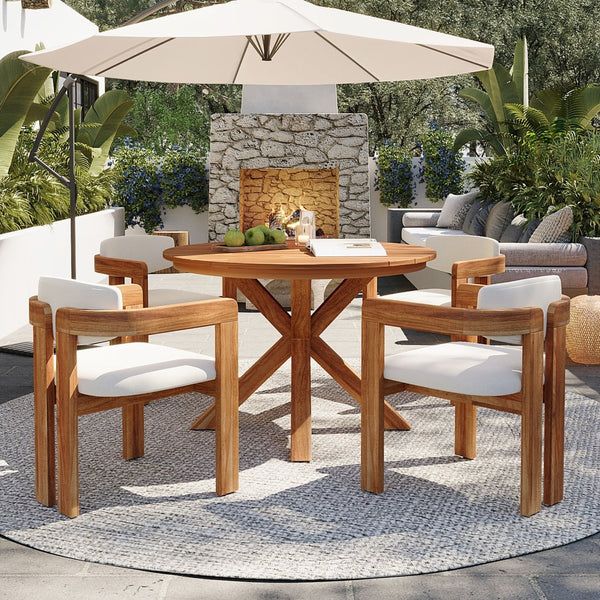 English Elm 5-piece Outdoor Solid Acacia Wood Round Patio Dining Set with Cushioned Barrel Armchairs Beige N704G201258A