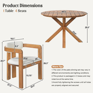 English Elm 5-piece Outdoor Solid Acacia Wood Round Patio Dining Set with Cushioned Barrel Armchairs Beige N704G201258A