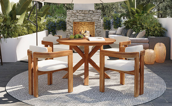 English Elm 5-piece Outdoor Solid Acacia Wood Round Patio Dining Set with Cushioned Barrel Armchairs Beige N704G201258A