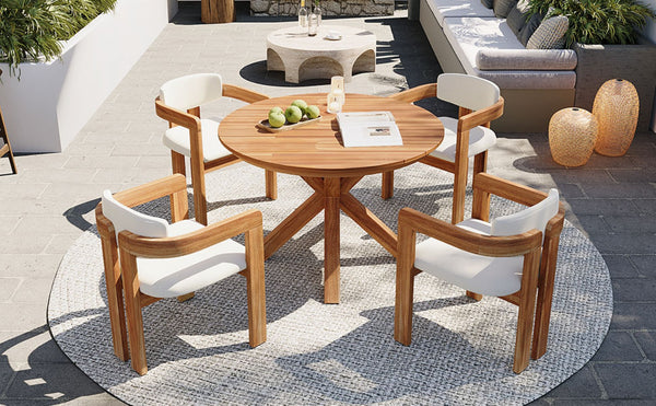 English Elm 5-piece Outdoor Solid Acacia Wood Round Patio Dining Set with Cushioned Barrel Armchairs Beige N704G201258A
