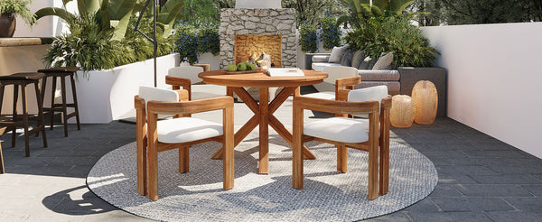 English Elm 5-piece Outdoor Solid Acacia Wood Round Patio Dining Set with Cushioned Barrel Armchairs Beige N704G201258A