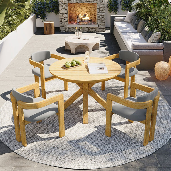 English Elm 5-piece Outdoor Solid Acacia Wood Round Patio Dining Set with Cushioned Barrel Armchairs Gray N704G201258L