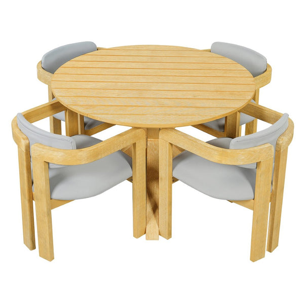 English Elm 5-piece Outdoor Solid Acacia Wood Round Patio Dining Set with Cushioned Barrel Armchairs Gray N704G201258L