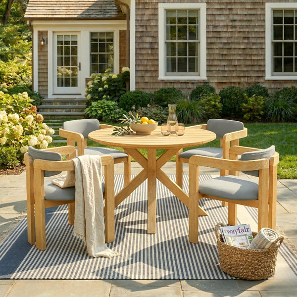 English Elm 5-piece Outdoor Solid Acacia Wood Round Patio Dining Set with Cushioned Barrel Armchairs Gray N704G201258L