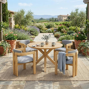 English Elm 5-piece Outdoor Solid Acacia Wood Round Patio Dining Set with Cushioned Barrel Armchairs Gray N704G201258L