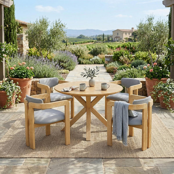 English Elm 5-piece Outdoor Solid Acacia Wood Round Patio Dining Set with Cushioned Barrel Armchairs Gray N704G201258L