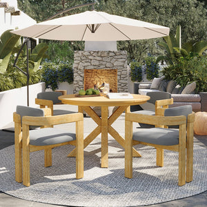 English Elm 5-piece Outdoor Solid Acacia Wood Round Patio Dining Set with Cushioned Barrel Armchairs Gray N704G201258L