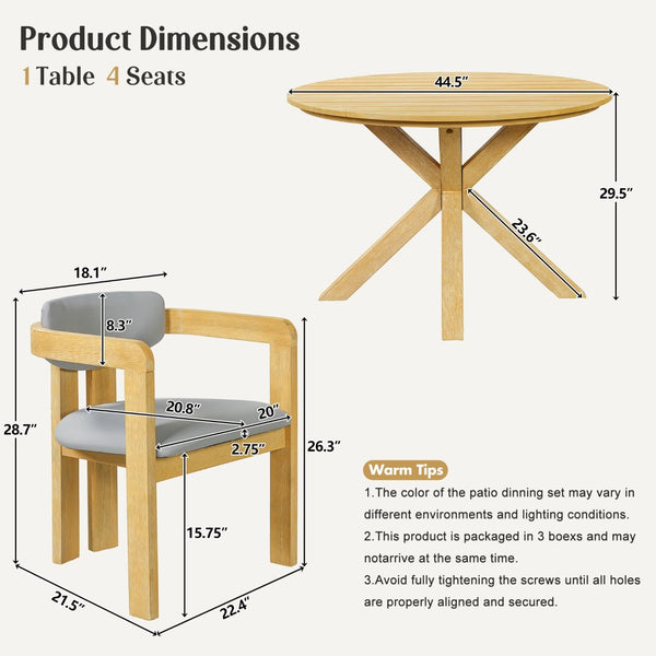 English Elm 5-piece Outdoor Solid Acacia Wood Round Patio Dining Set with Cushioned Barrel Armchairs Gray N704G201258L