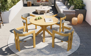 English Elm 5-piece Outdoor Solid Acacia Wood Round Patio Dining Set with Cushioned Barrel Armchairs Gray N704G201258L