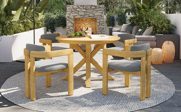 English Elm 5-piece Outdoor Solid Acacia Wood Round Patio Dining Set with Cushioned Barrel Armchairs Gray N704G201258L