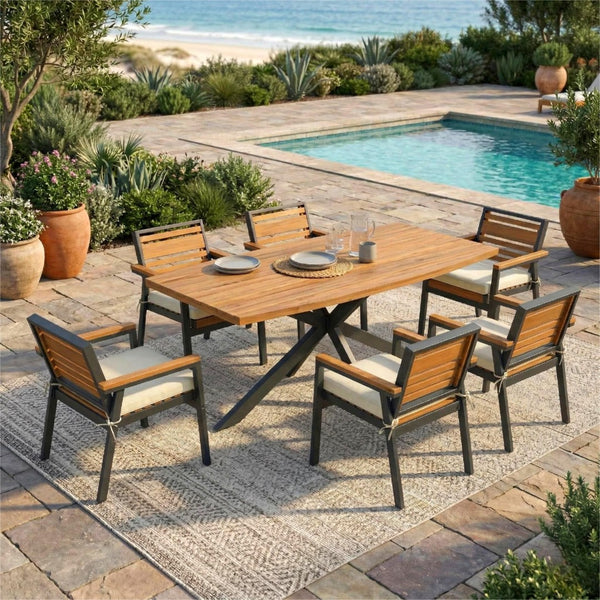 English Elm Modern Acacia Wood 7 Piece Dining Set Iron Frame Removable Cushions Patio Ready Beige N704G201259A