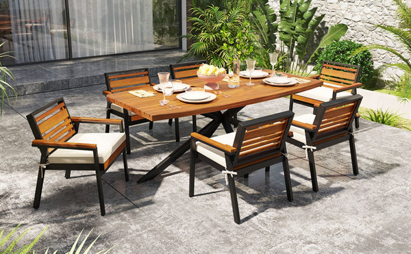 English Elm Modern Acacia Wood 7 Piece Dining Set Iron Frame Removable Cushions Patio Ready Beige N704G201259A